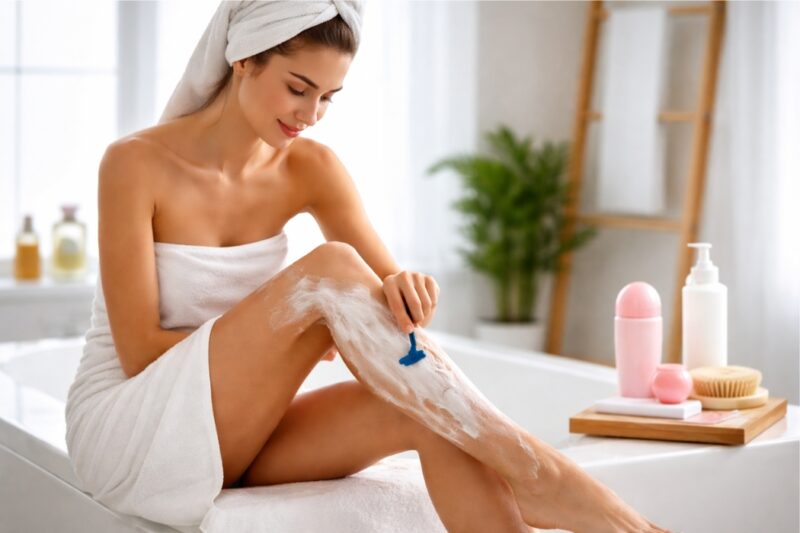 Žena sedi na ivici kade i brije nogu brijačem koristeći penu za brijanje u svetlom kupatilu